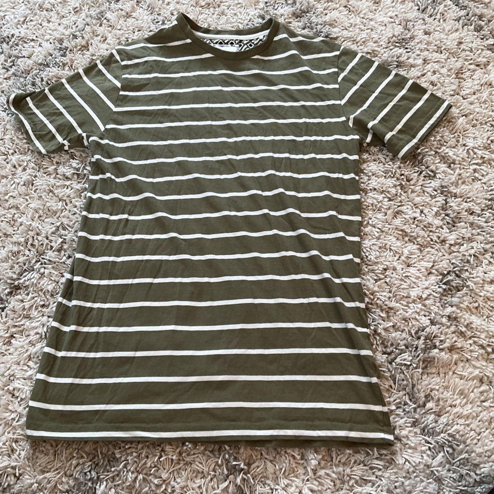 Denim & Flower Ricky Singh Mens Olive Green White Striped Short Sleeve T-Shirt M